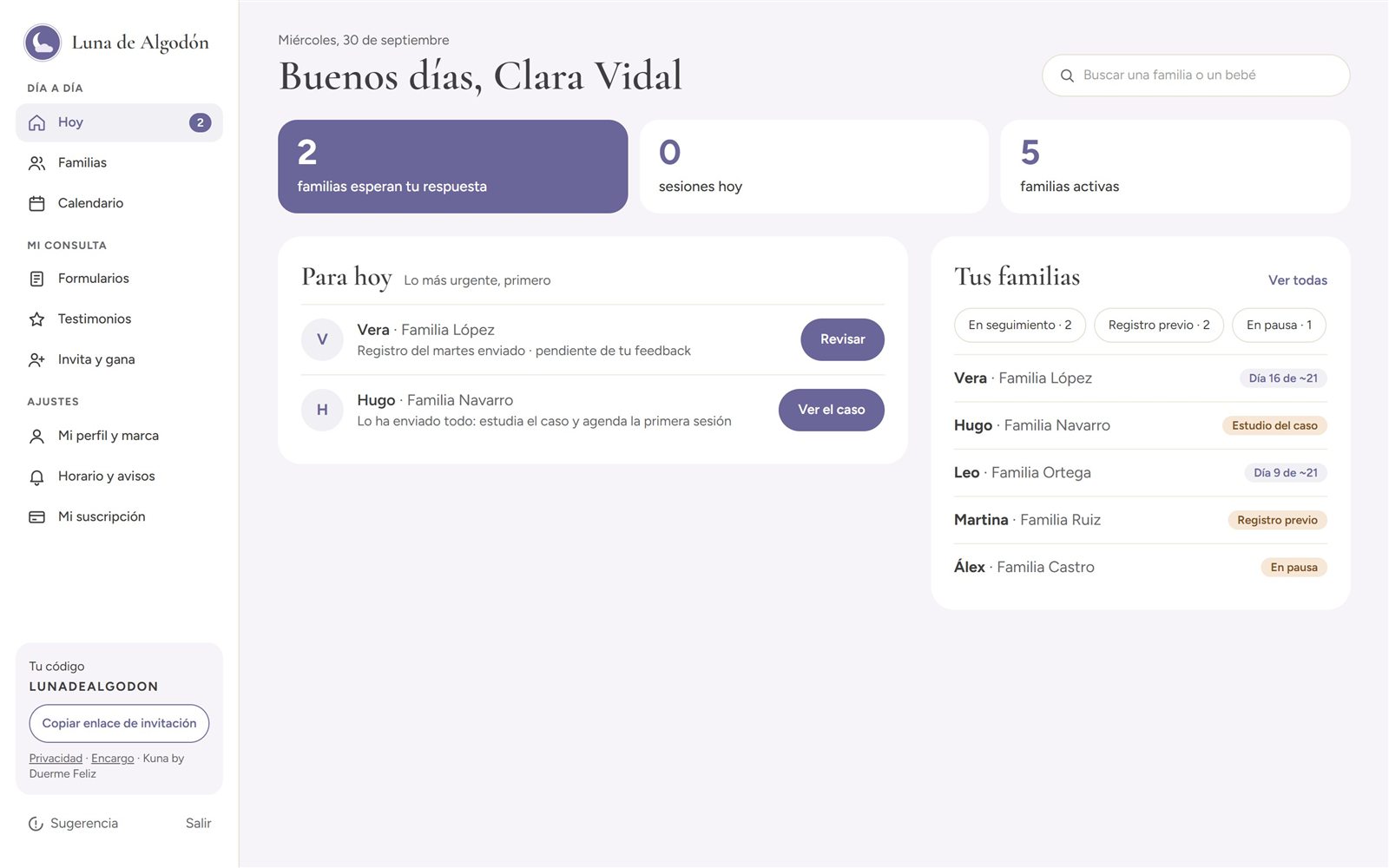 Pantalla «Hoy» de la asesora